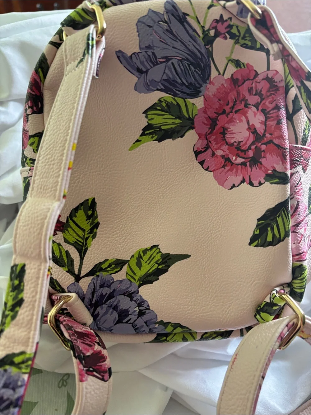 Betsey Johnson Cream Floral Mini Backpack with Black Accent & Gold Heart